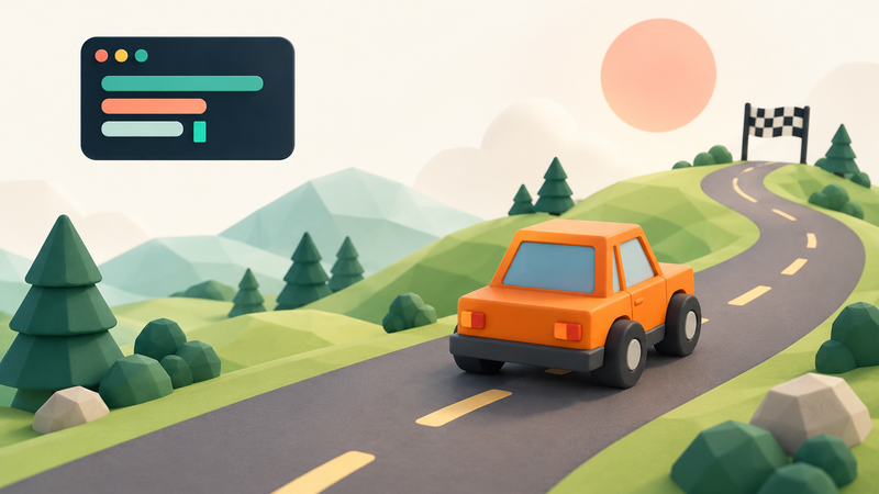 A low-poly orange car driving along a winding road through green hills towards a finish flag, with a small code window